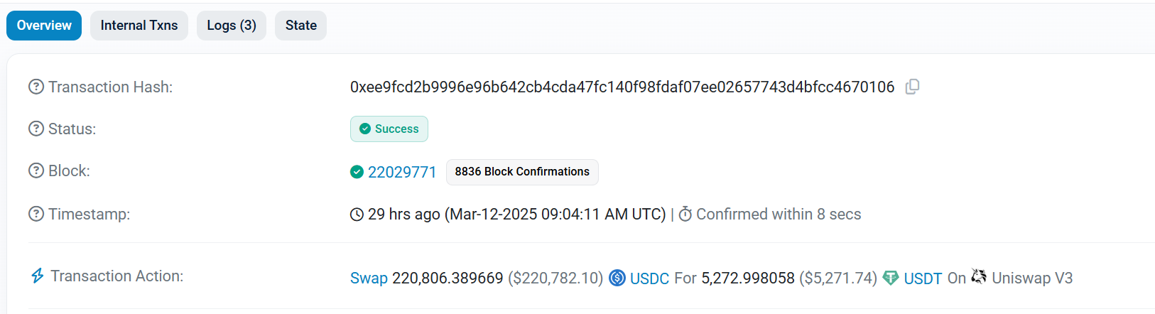 用户在UNISWAP上交换442,000 USDC，仅收到11,000 USDT：这里发生了什么