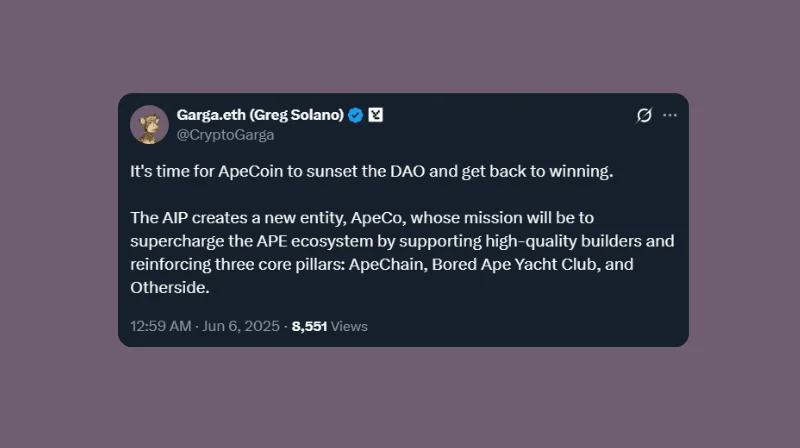 Yuga Labs 首席执行官 Greg Solano 提议解散 ApeCoin DAO